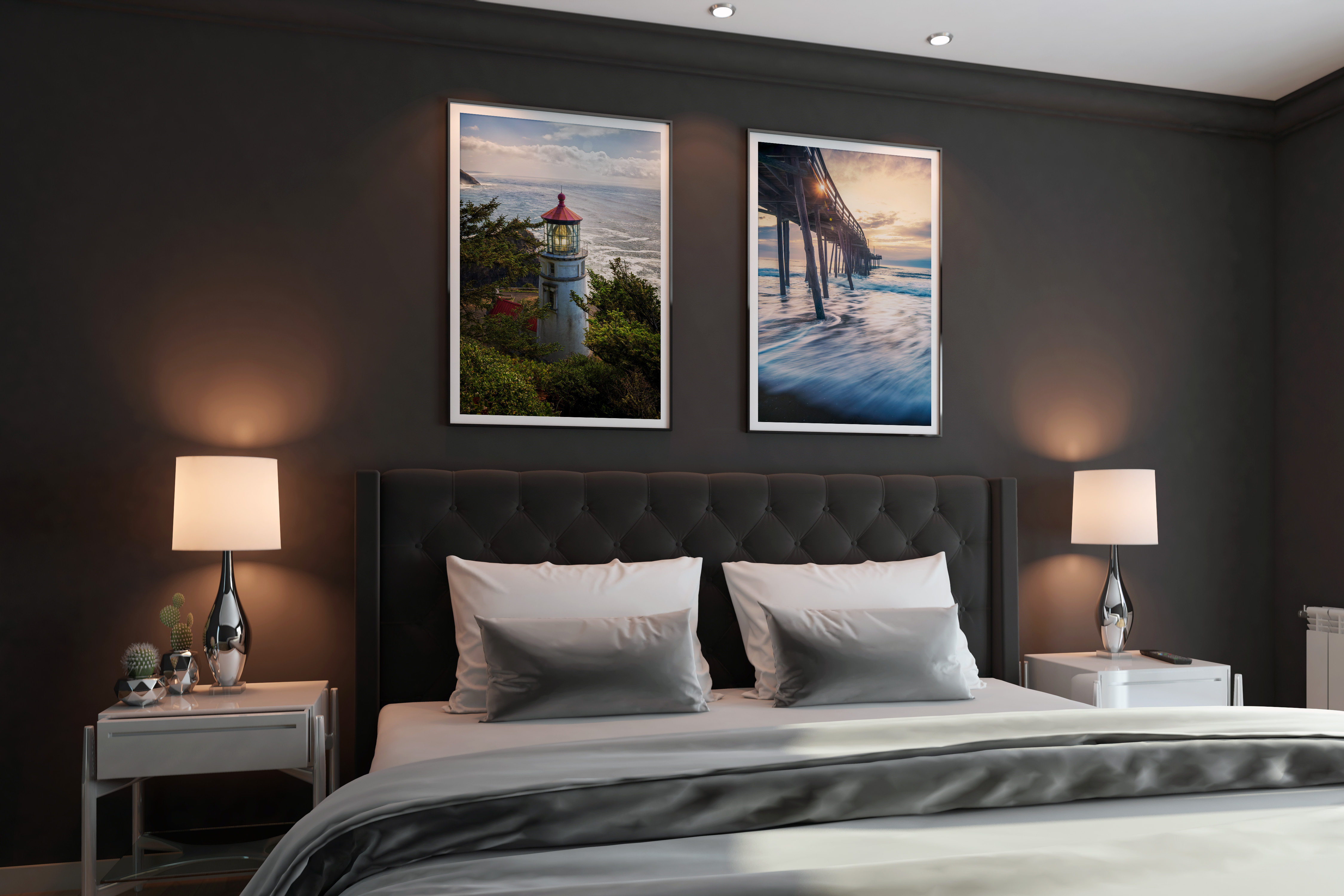 Modern living room with colorful sunset lake photography by Dan Sproul